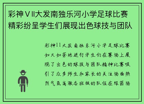 彩神Ⅴll大发南独乐河小学足球比赛精彩纷呈学生们展现出色球技与团队精神