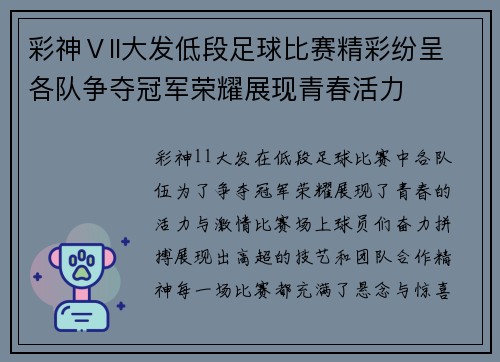 彩神Ⅴll大发低段足球比赛精彩纷呈各队争夺冠军荣耀展现青春活力