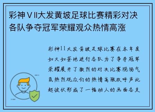 彩神Ⅴll大发黄坡足球比赛精彩对决各队争夺冠军荣耀观众热情高涨