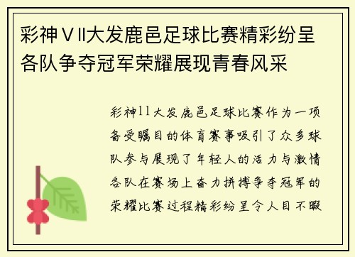 彩神Ⅴll大发鹿邑足球比赛精彩纷呈各队争夺冠军荣耀展现青春风采