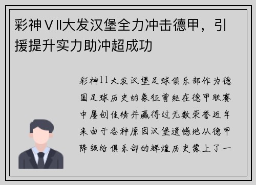 彩神Ⅴll大发汉堡全力冲击德甲，引援提升实力助冲超成功