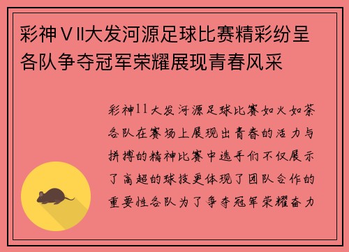 彩神Ⅴll大发河源足球比赛精彩纷呈各队争夺冠军荣耀展现青春风采