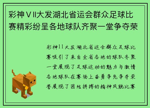 彩神Ⅴll大发湖北省运会群众足球比赛精彩纷呈各地球队齐聚一堂争夺荣誉