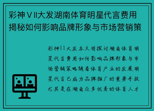 彩神Ⅴll大发湖南体育明星代言费用揭秘如何影响品牌形象与市场营销策略