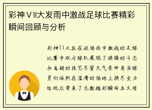 彩神Ⅴll大发雨中激战足球比赛精彩瞬间回顾与分析